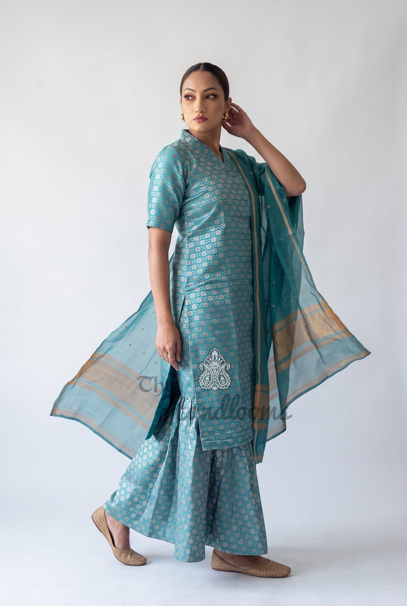 Pure Katan Silk Brocade Kurta with Sharara - The Handlooms