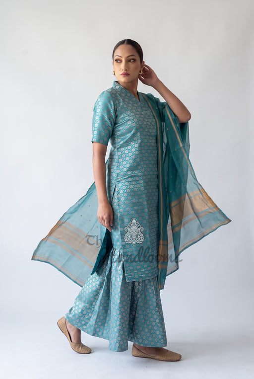 Pure Katan Silk Brocade Kurta with Sharara - The Handlooms