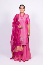 Hot Pink Pure Khaddi Georgette Brocade Kurta with Sharara - The Handlooms