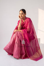 Hot Pink Pure Khaddi Georgette Brocade Kurta with Sharara - The Handlooms
