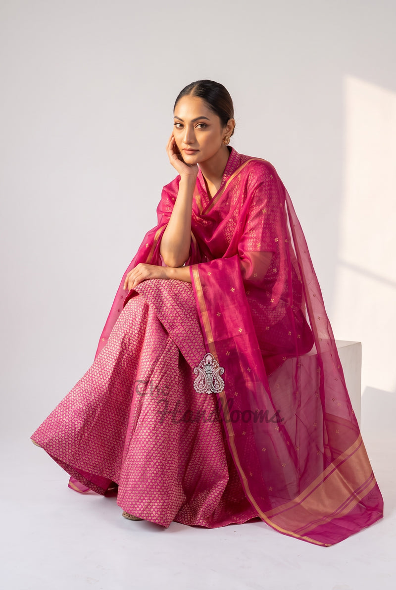 Hot Pink Pure Khaddi Georgette Brocade Kurta with Sharara - The Handlooms