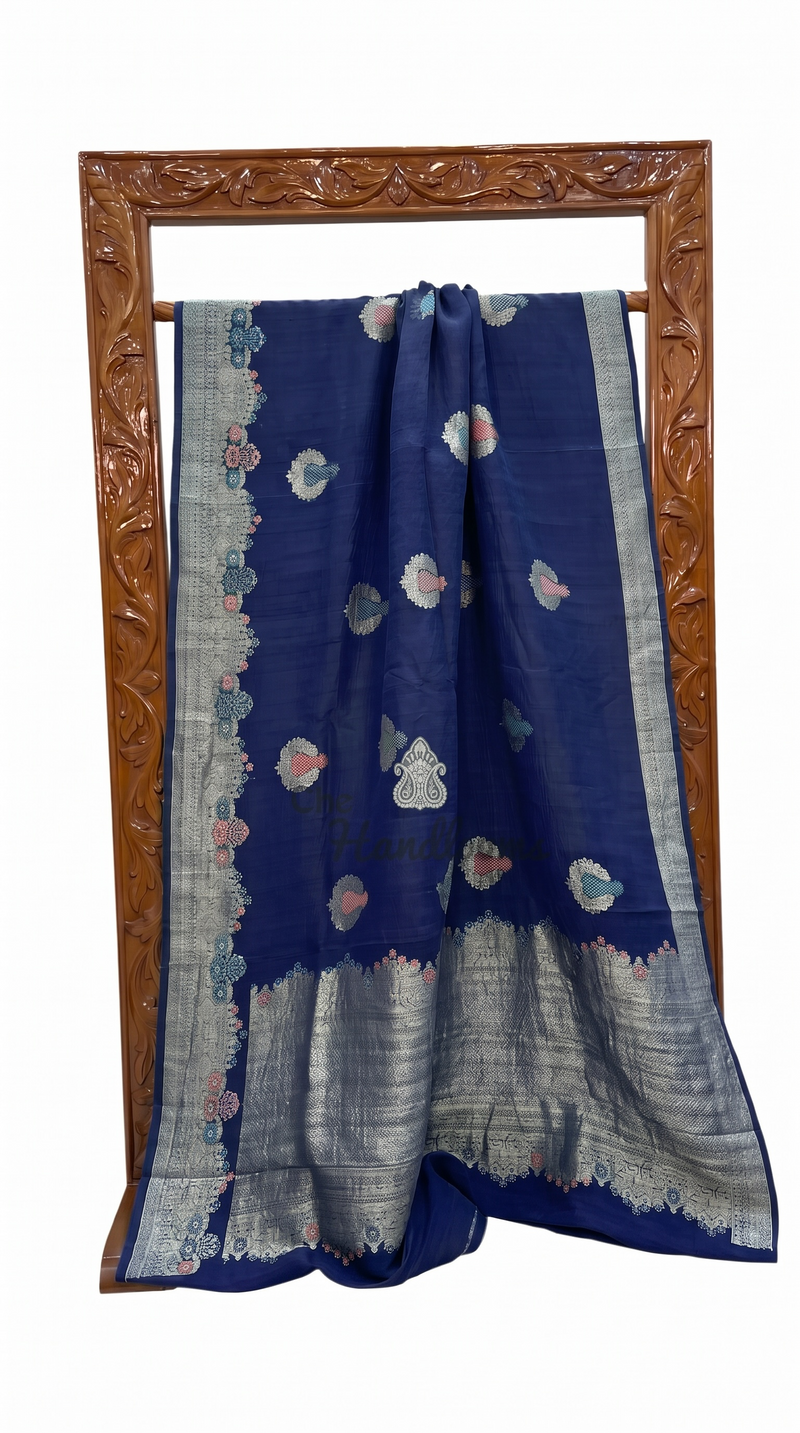 Pure Tussar Georgette Handloom Banarasi Saree - All Over Kadua Motifs With Meenakari