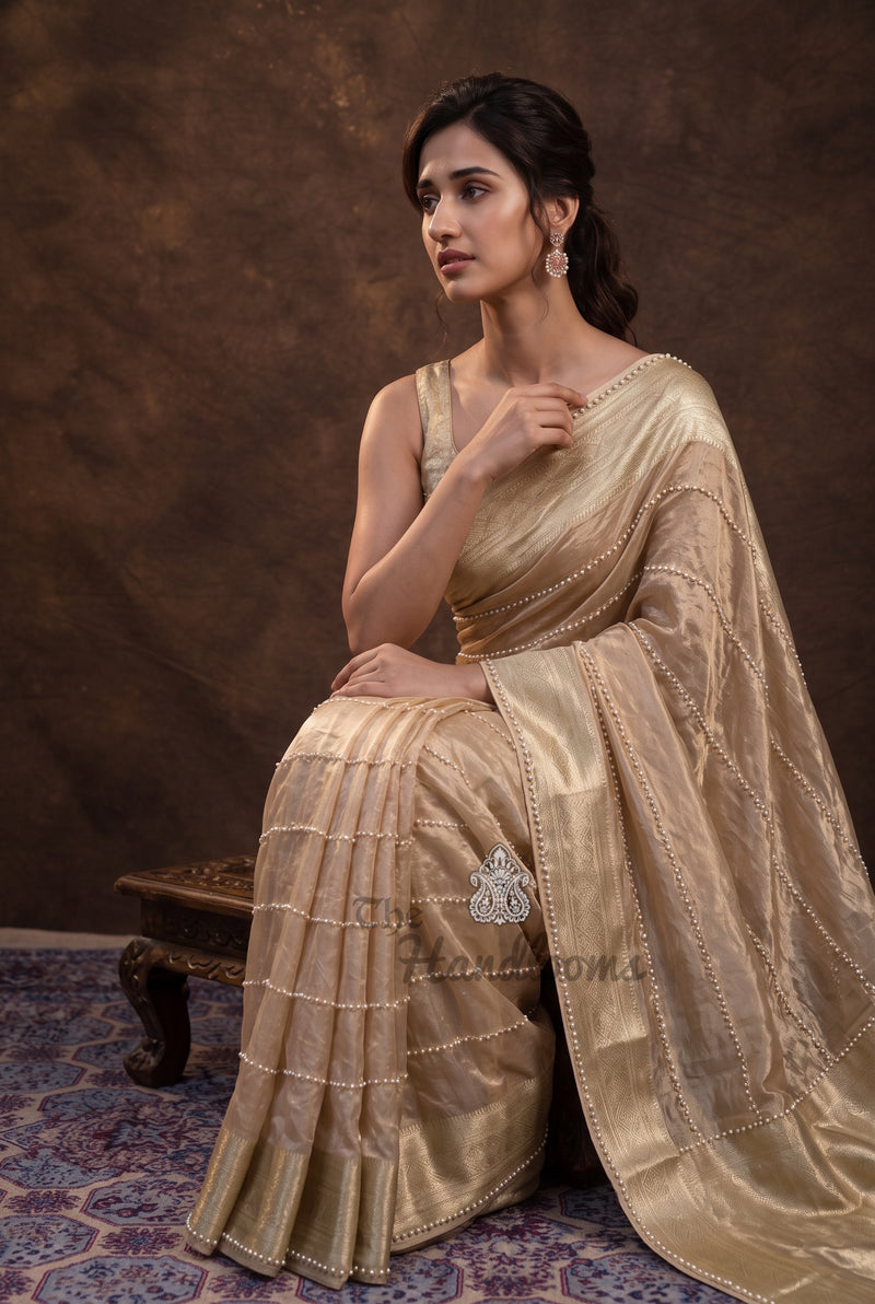 Disha Patani Inspired Pure Kora Tissue Handloom Banarasi Saree - Handwork