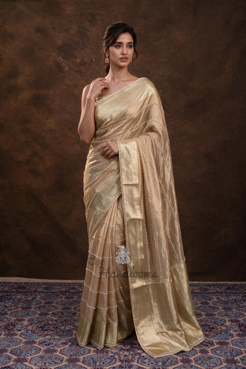 Disha Patani Inspired Pure Kora Tissue Handloom Banarasi Saree - Handwork