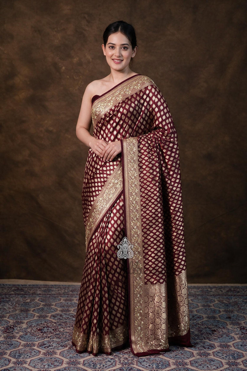 Pure Katan Silk Banarasi Handloom Saree - All Over Boota With Zardosi Handwork