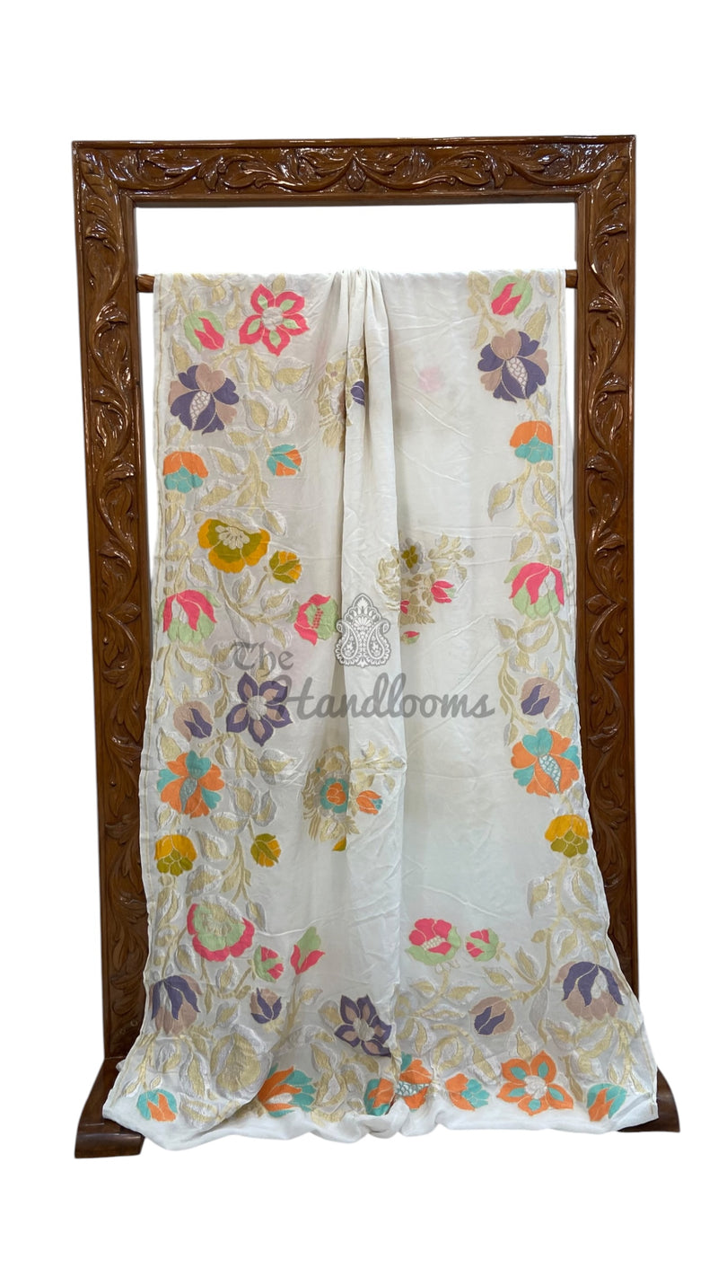 White Pure Khaddi Georgette Handloom Banarasi Saree - All Over Floral Meenakari Jaal Work