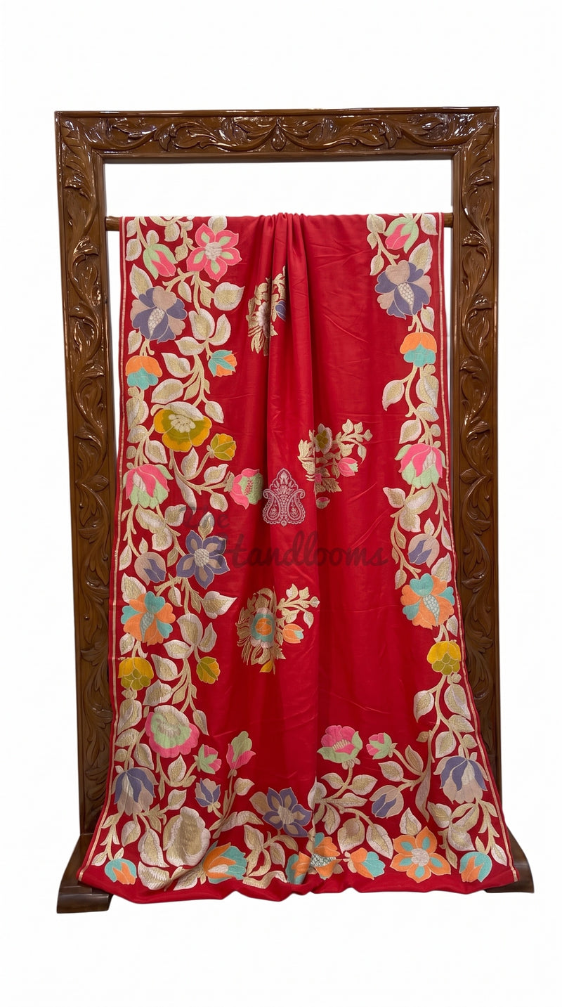 Red Pure Khaddi Georgette Handloom Banarasi Saree - All Over Floral Meenakari Jaal Work