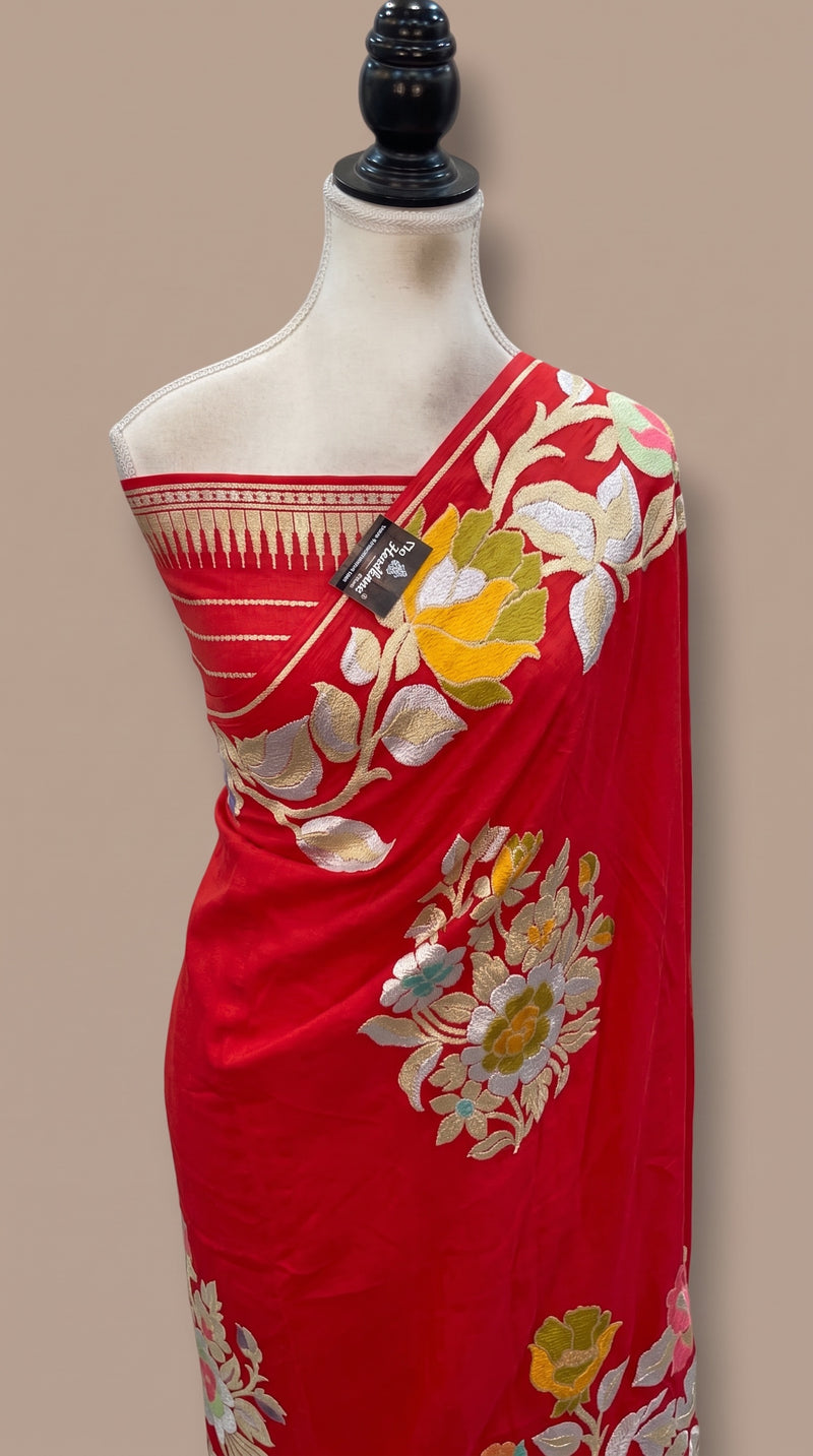 Red Pure Khaddi Georgette Handloom Banarasi Saree - All Over Floral Meenakari Jaal Work