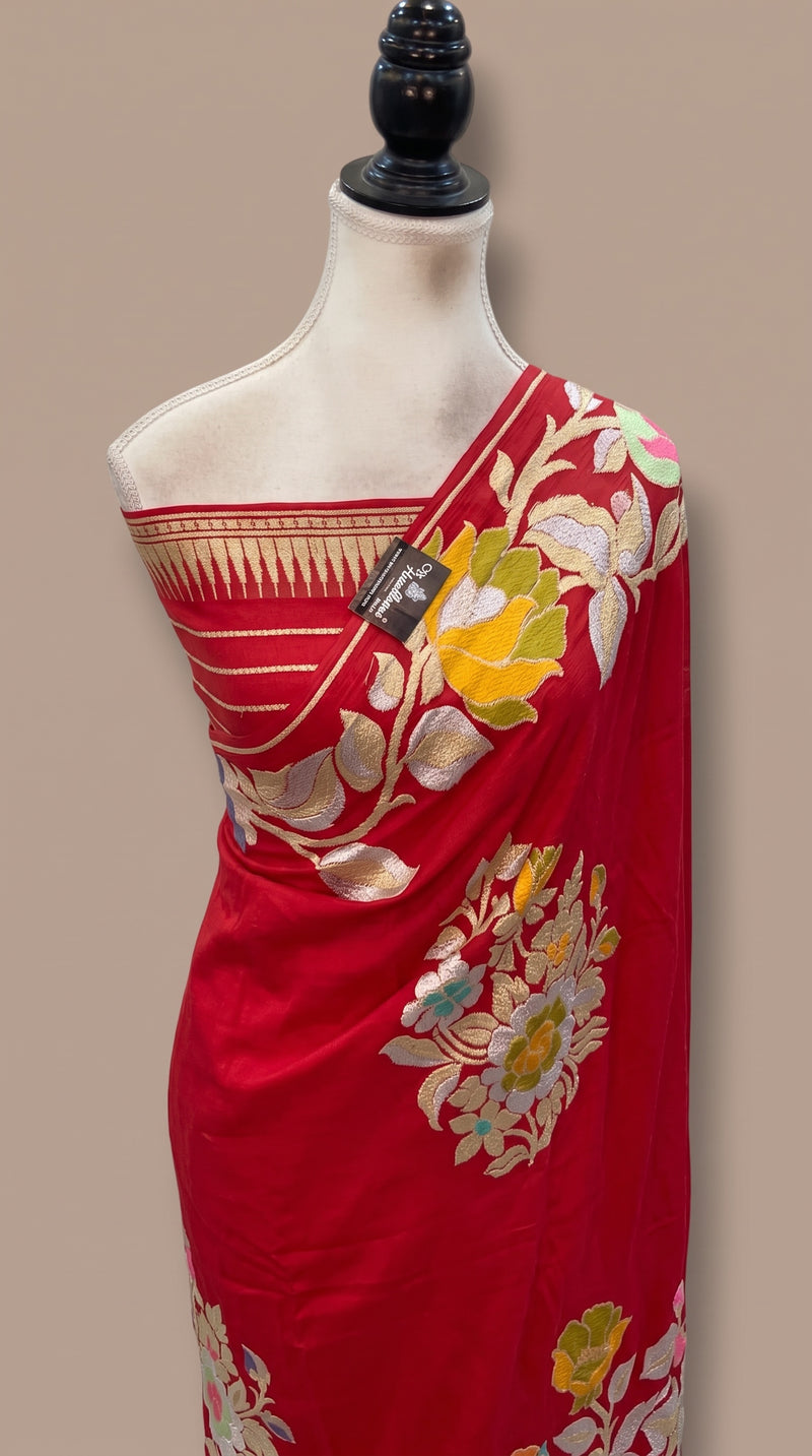 Red Pure Khaddi Georgette Handloom Banarasi Saree - All Over Floral Meenakari Jaal Work