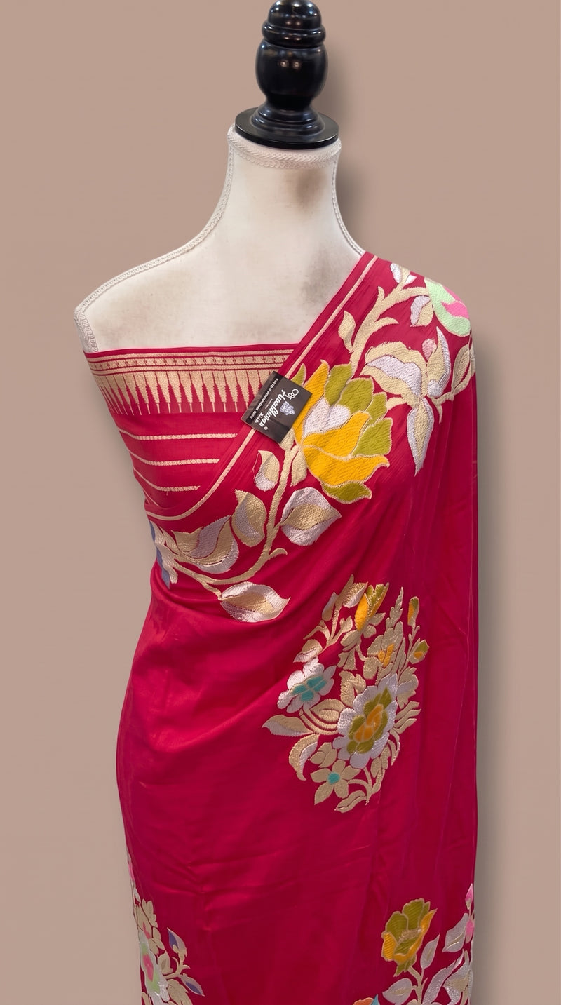 Hot Pink Pure Khaddi Georgette Handloom Banarasi Saree - All Over Floral Meenakari Jaal Work