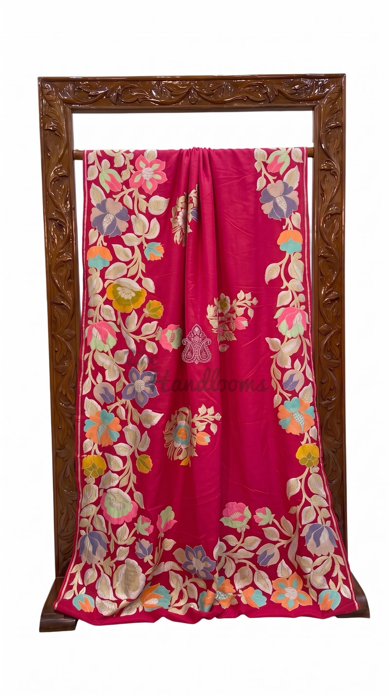 Hot Pink Pure Khaddi Georgette Handloom Banarasi Saree - All Over Floral Meenakari Jaal Work