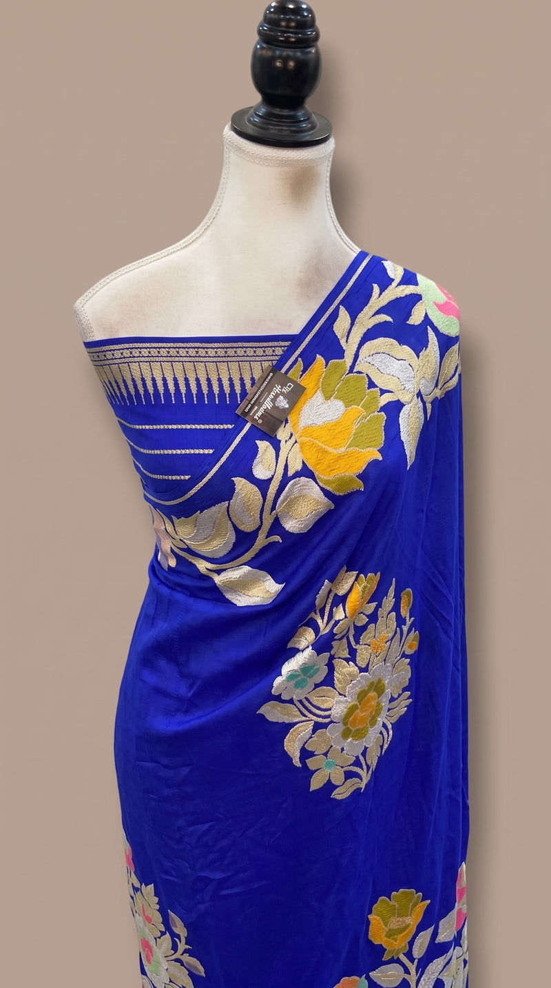 Royal Blue Pure Khaddi Georgette Handloom Banarasi Saree - All Over Floral Meenakari Jaal Work