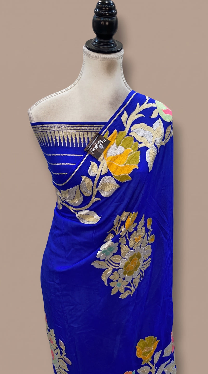 Royal Blue Pure Khaddi Georgette Handloom Banarasi Saree - All Over Floral Meenakari Jaal Work
