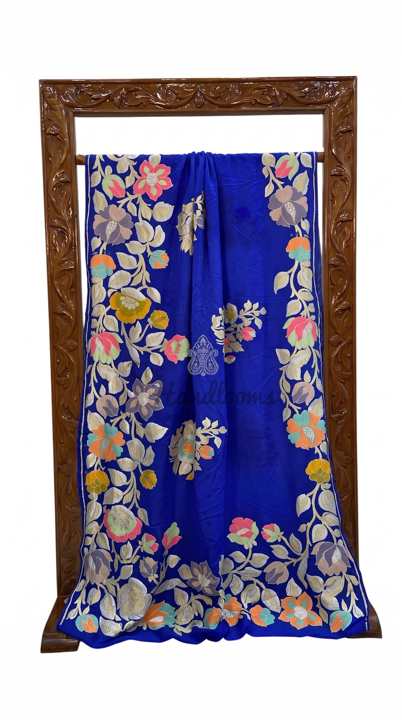 Royal Blue Pure Khaddi Georgette Handloom Banarasi Saree - All Over Floral Meenakari Jaal Work