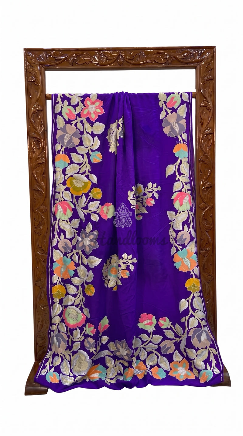 Purple Pure Khaddi Georgette Handloom Banarasi Saree - All Over Jaal Work With Meenakari