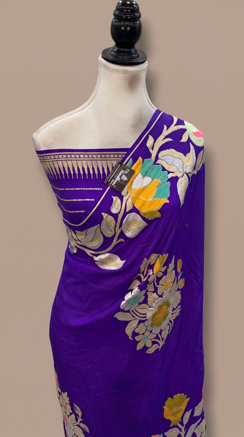 Purple Pure Khaddi Georgette Handloom Banarasi Saree - All Over Jaal Work With Meenakari