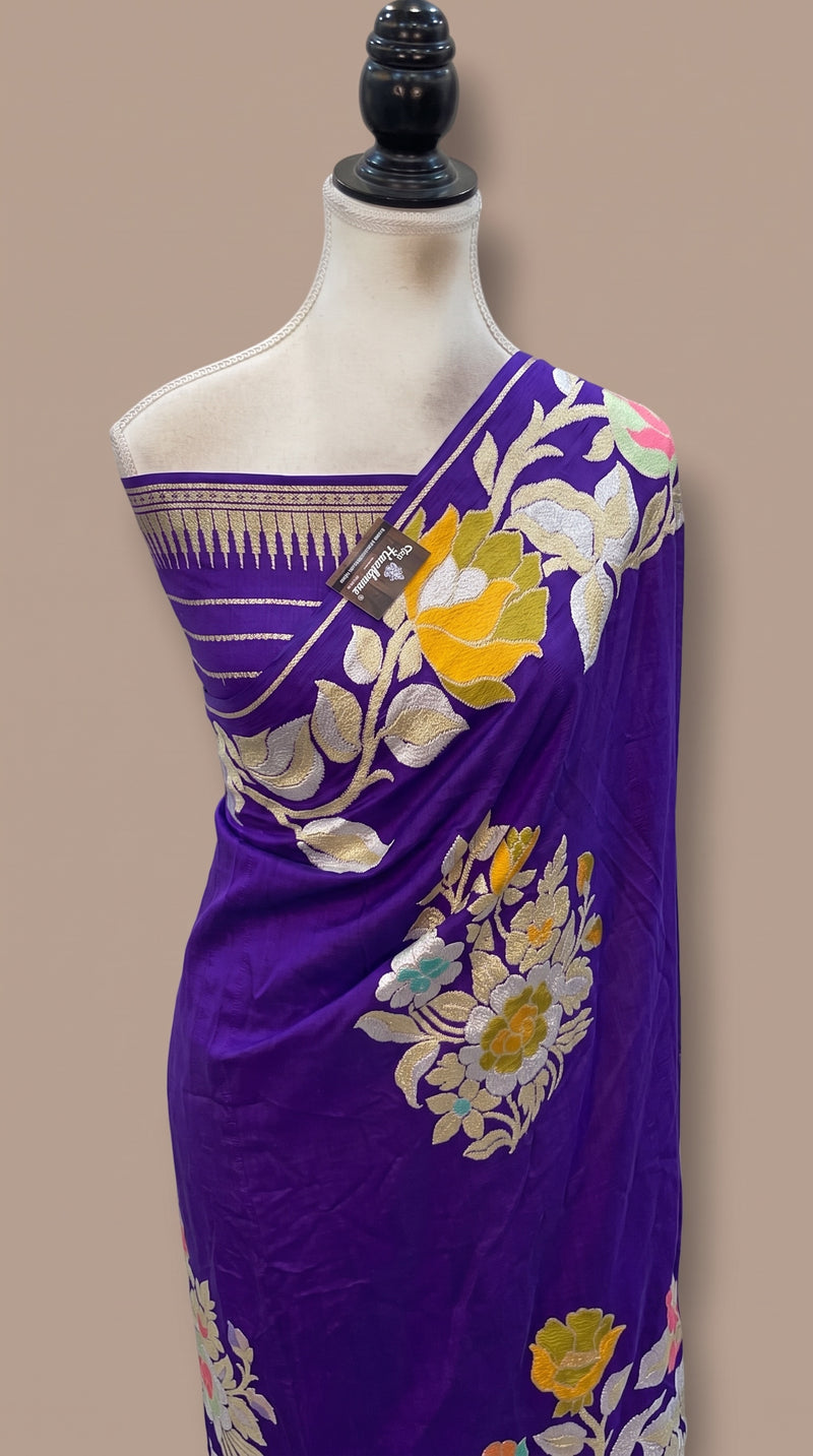 Purple Pure Khaddi Georgette Handloom Banarasi Saree - All Over Jaal Work With Meenakari