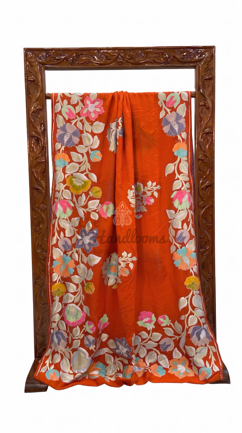 Orange Pure Khaddi Georgette Handloom Banarasi Saree - All Over Floral Meenakari Jaal Work