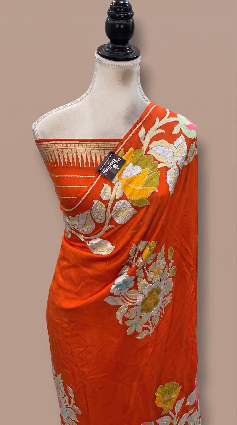 Orange Pure Khaddi Georgette Handloom Banarasi Saree - All Over Floral Meenakari Jaal Work