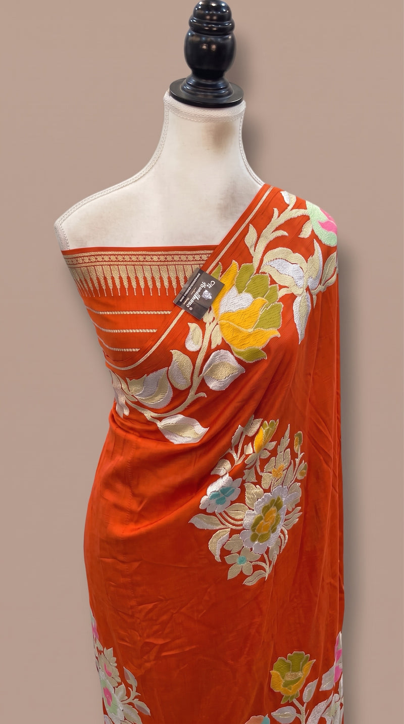Orange Pure Khaddi Georgette Handloom Banarasi Saree - All Over Floral Meenakari Jaal Work