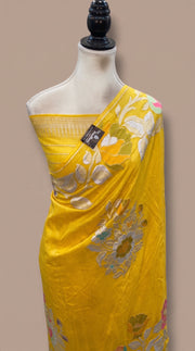 Yellow Pure Khaddi Georgette Handloom Banarasi Saree - All Over Floral Meenakari Jaal Work - The Handlooms