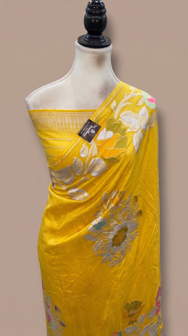 Yellow Pure Khaddi Georgette Handloom Banarasi Saree - All Over Floral Meenakari Jaal Work - The Handlooms