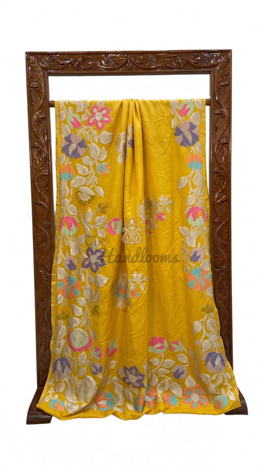 Yellow Pure Khaddi Georgette Handloom Banarasi Saree - All Over Floral Meenakari Jaal Work - The Handlooms