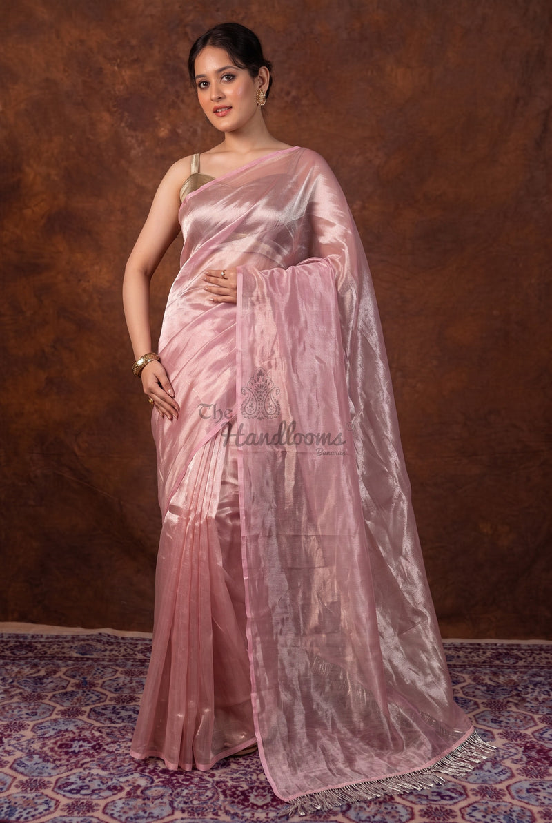 Pink Pure Kora Tissue Handloom Banarasi Saree - Plain
