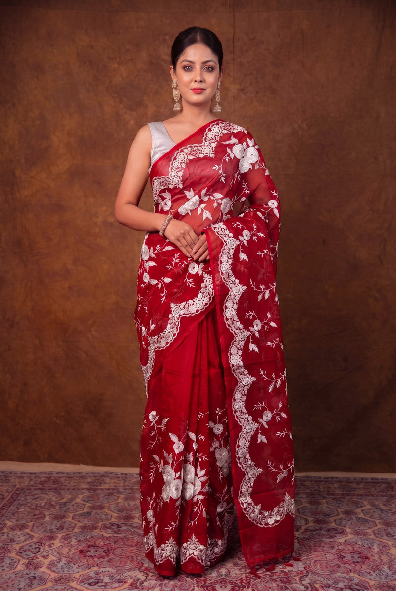 Pure organza Chikankari Handloom Banarasi Saree
