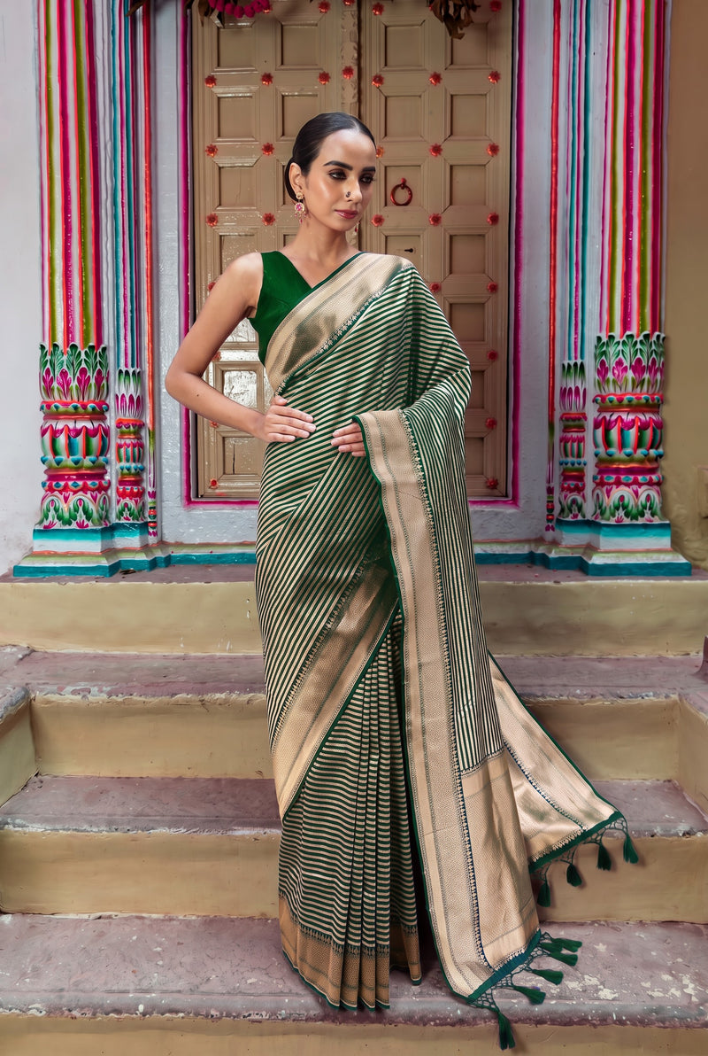 Pure Katan Silk Banarasi Handloom Saree - All over sona roopa -Stripe