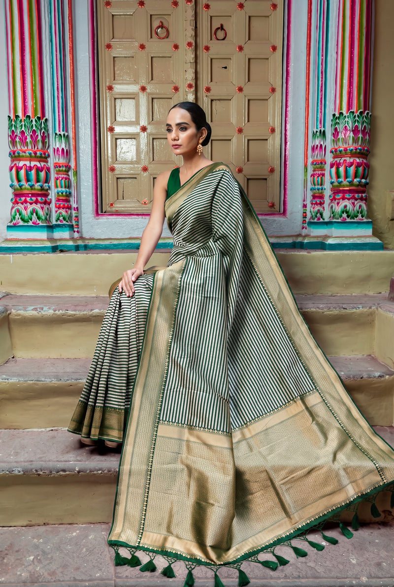 Pure Katan Silk Banarasi Handloom Saree - All over sona roopa -Stripe