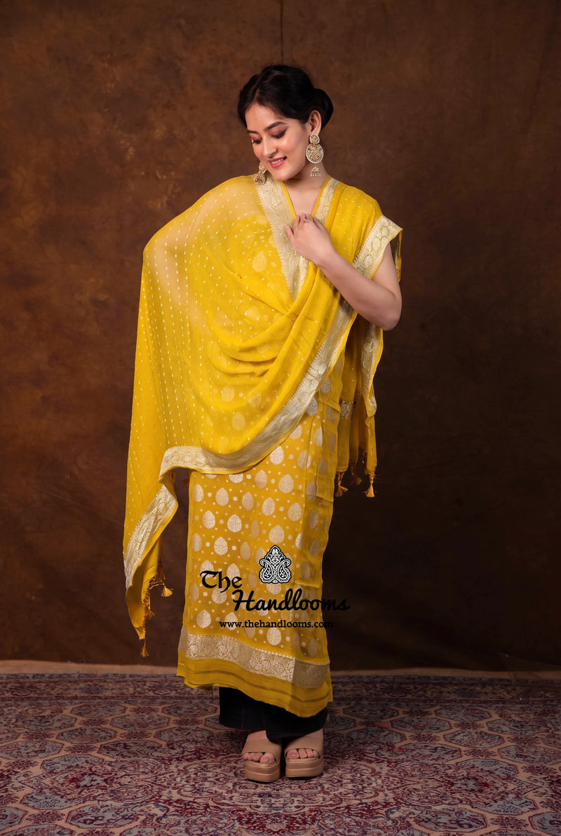 Yellow Pure Khaddi Georgette Banarasi Dress Material