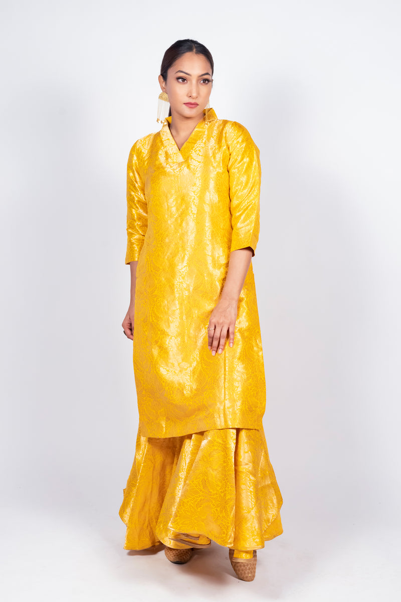 Yellow Pure Katan Silk Brocade Kurta with Sharara - The Handlooms
