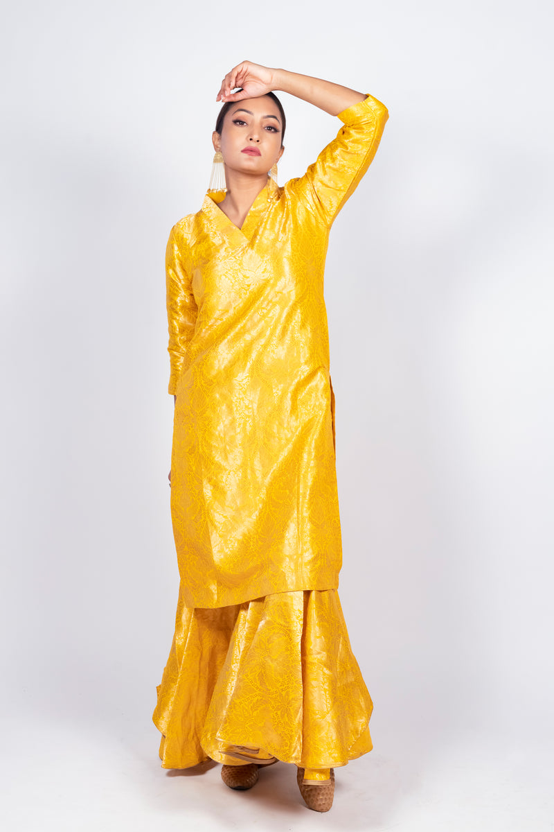 Yellow Pure Katan Silk Brocade Kurta with Sharara - The Handlooms
