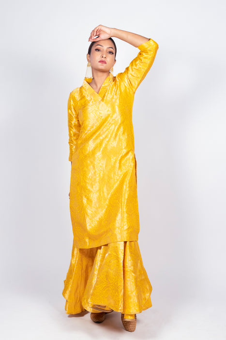 Yellow Pure Katan Silk Brocade Kurta with Sharara