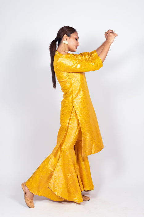 Yellow Pure Katan Silk Brocade Kurta with Sharara