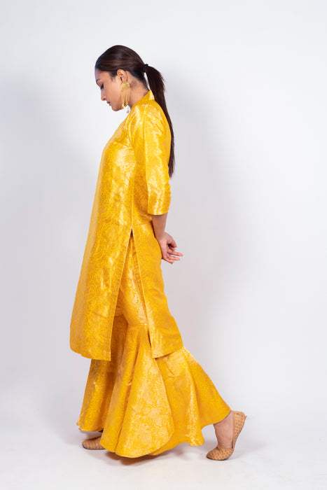 Yellow Pure Katan Silk Brocade Kurta with Sharara