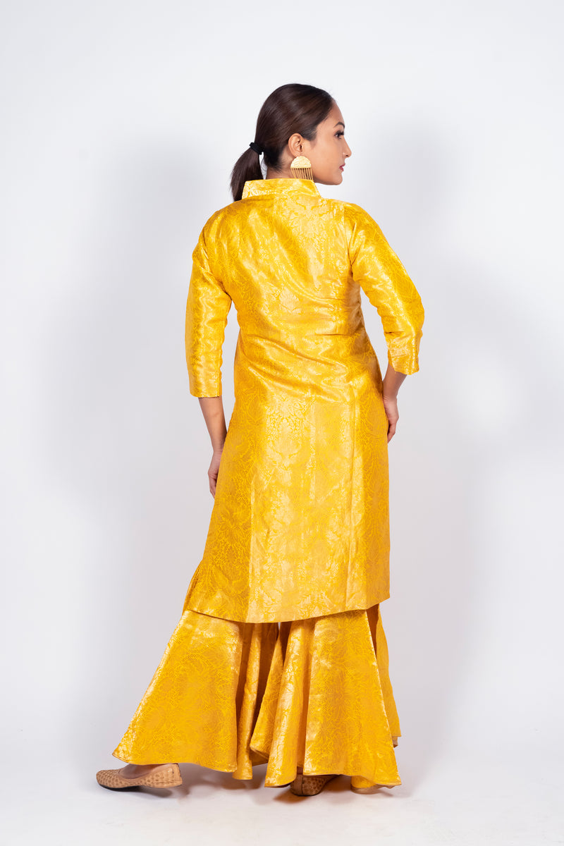 Yellow Pure Katan Silk Brocade Kurta with Sharara - The Handlooms