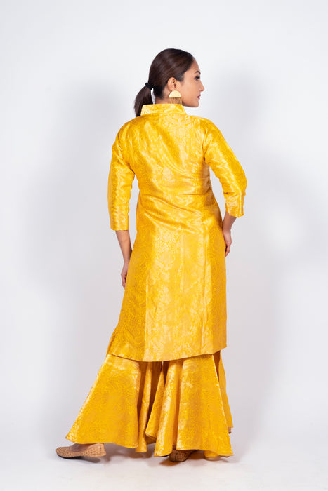 Yellow Pure Katan Silk Brocade Kurta with Sharara