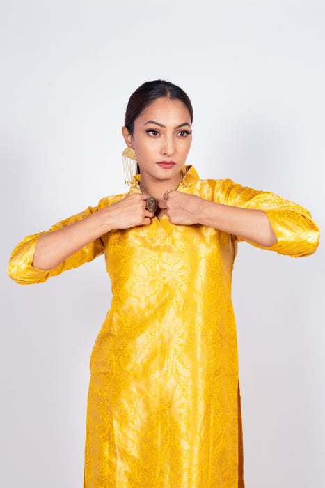 Yellow Pure Katan Silk Brocade Kurta with Sharara