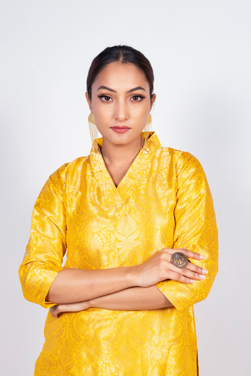 Yellow Pure Katan Silk Brocade Kurta with Sharara - The Handlooms