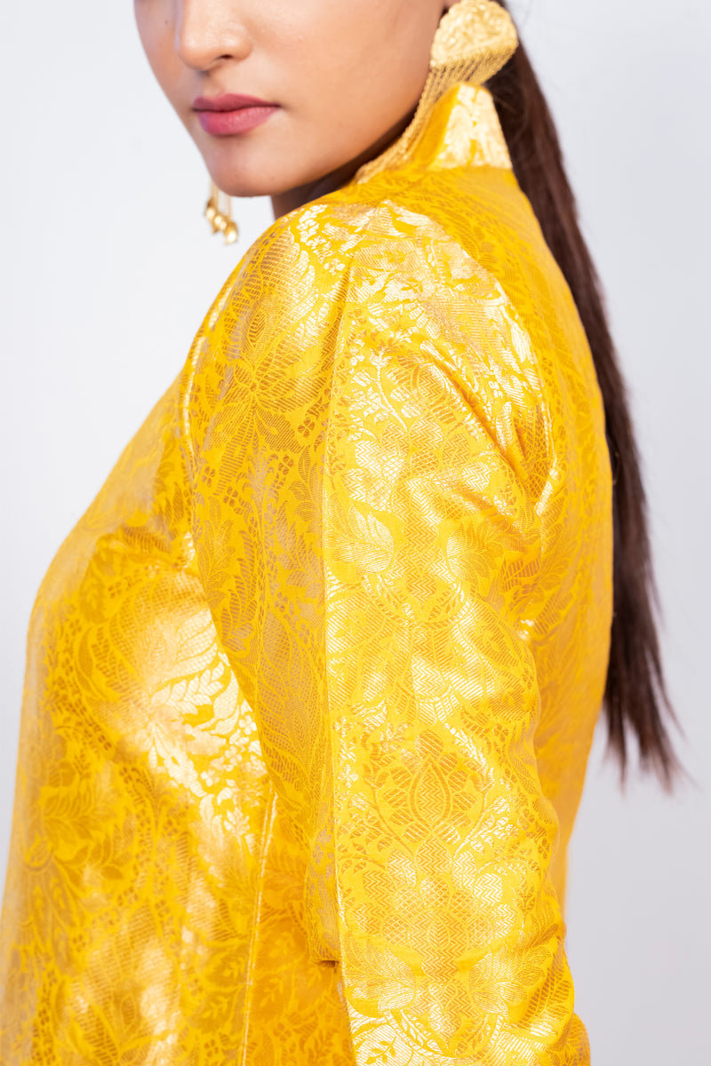Yellow Pure Katan Silk Brocade Kurta with Sharara - The Handlooms