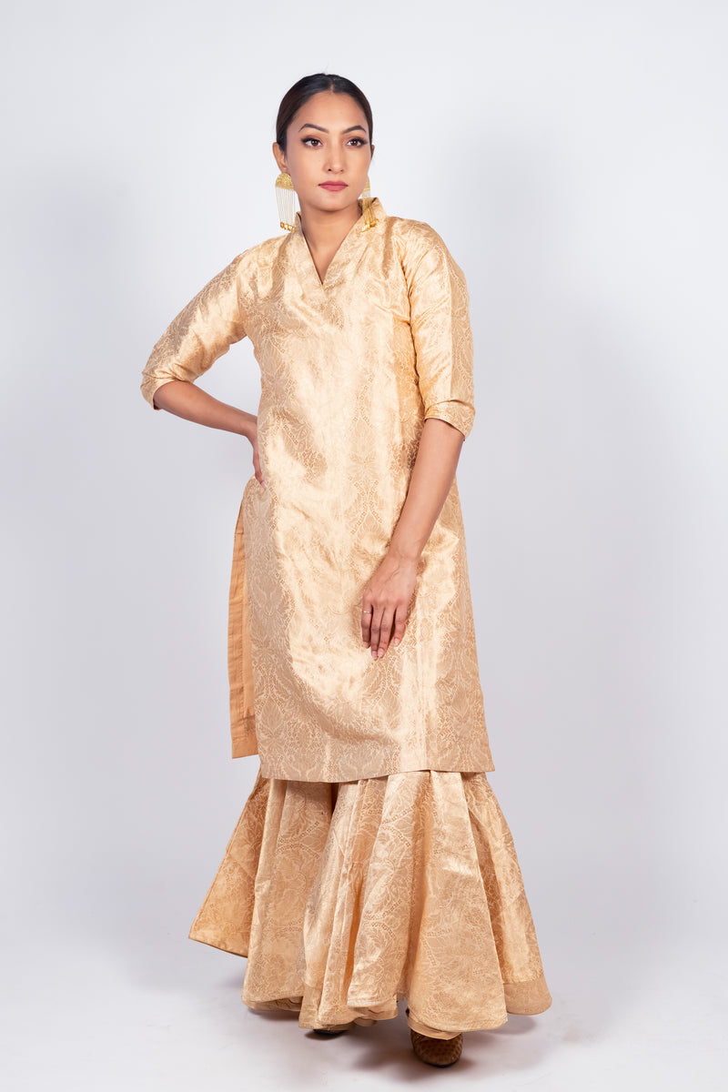 Cream Pure Katan Silk Brocade Kurta with Sharara - The Handlooms