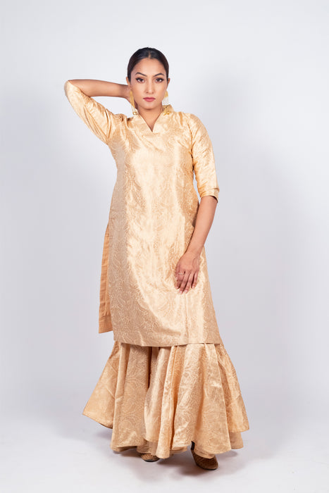 Cream Pure Katan Silk Brocade Kurta with Sharara