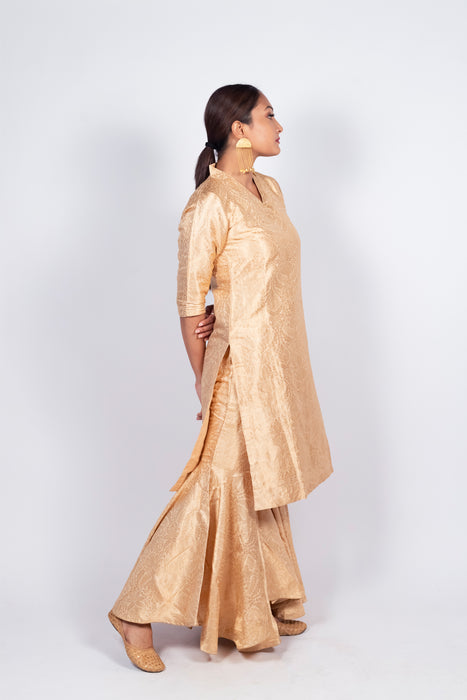 Cream Pure Katan Silk Brocade Kurta with Sharara