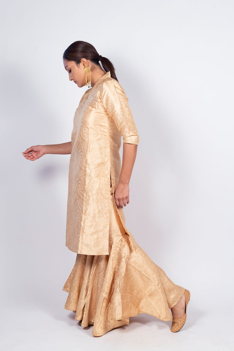 Cream Pure Katan Silk Brocade Kurta with Sharara - The Handlooms