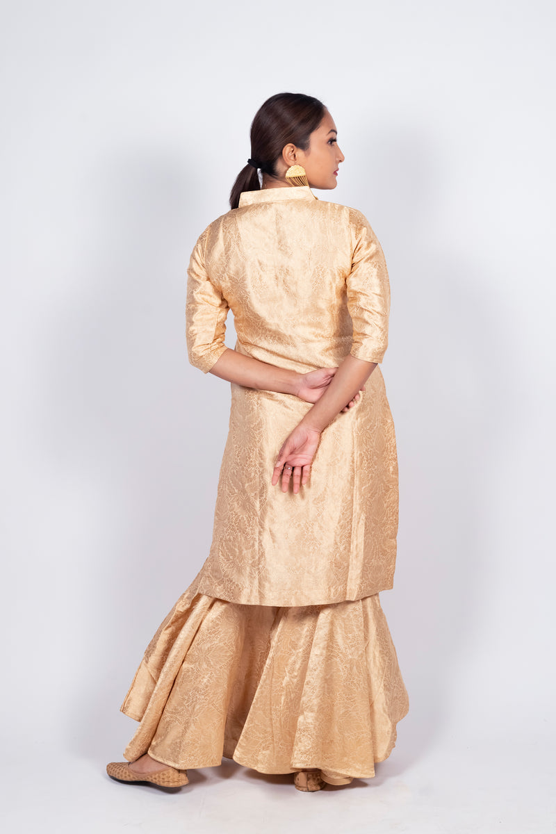 Cream Pure Katan Silk Brocade Kurta with Sharara - The Handlooms