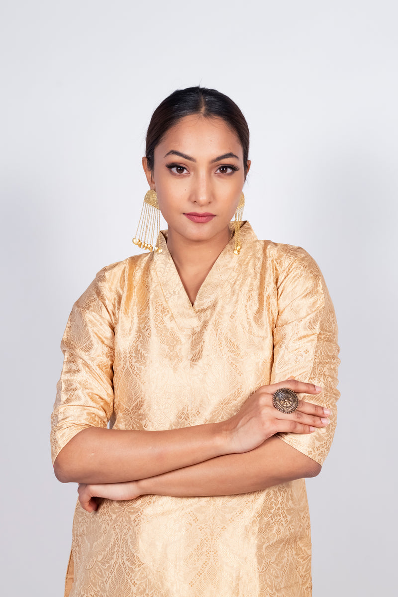 Cream Pure Katan Silk Brocade Kurta with Sharara - The Handlooms