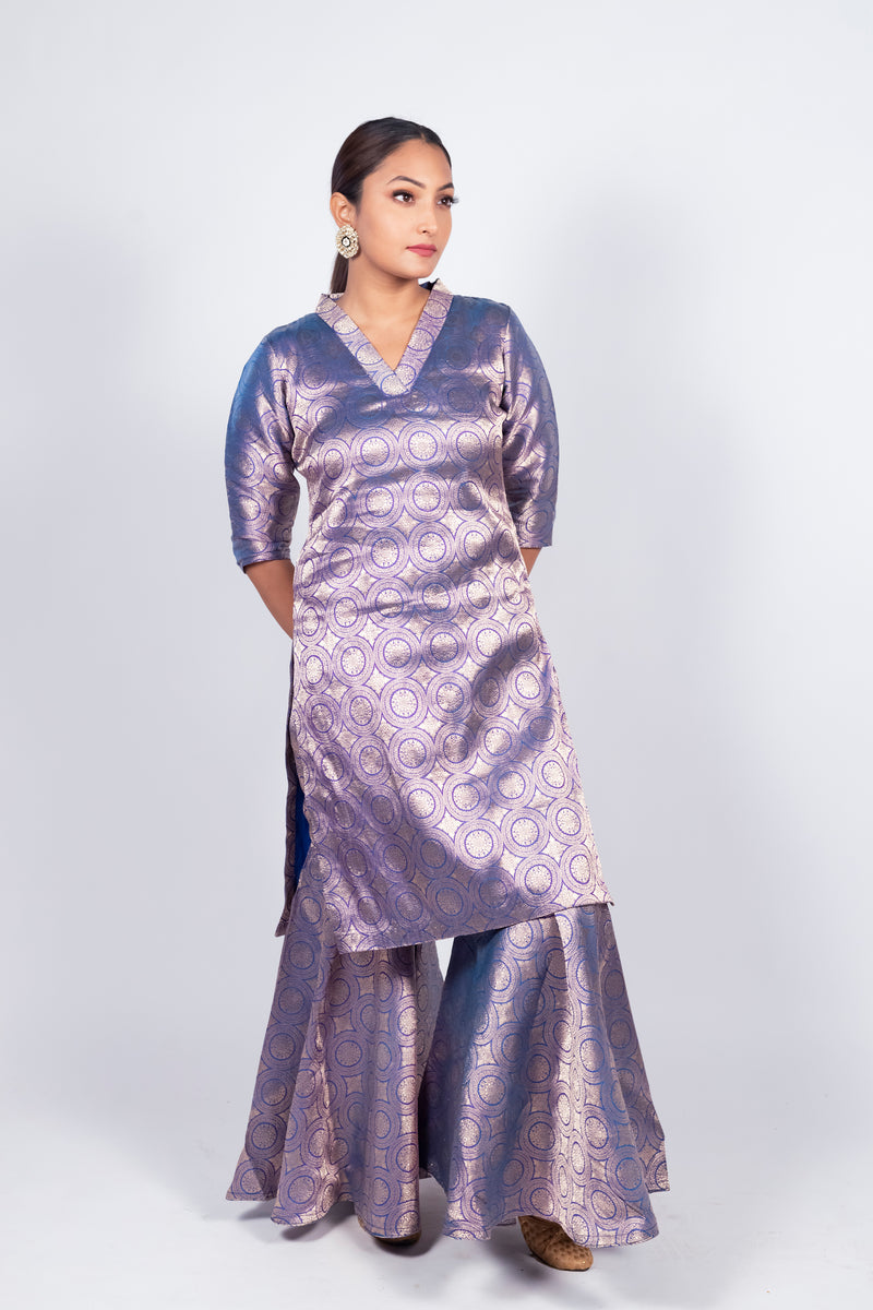 Purple Pure Katan Silk Brocade Kurta with Sharara - The Handlooms