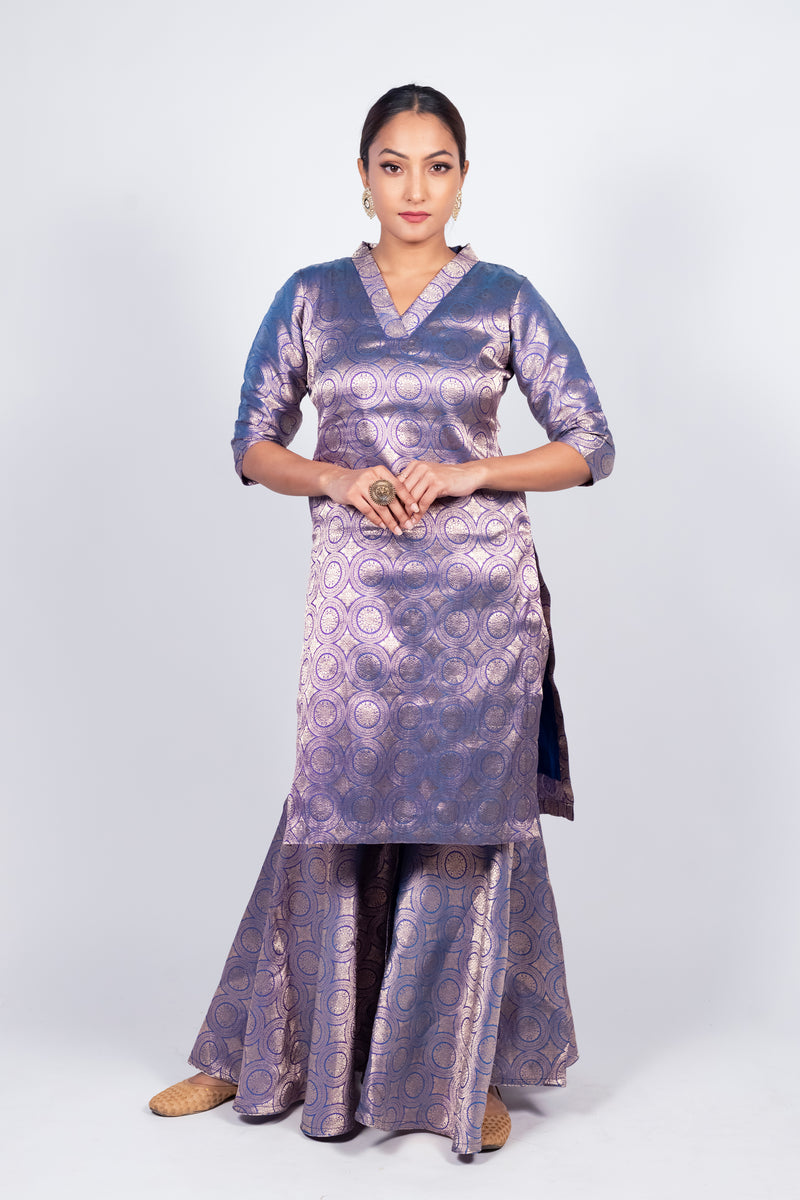 Purple Pure Katan Silk Brocade Kurta with Sharara - The Handlooms